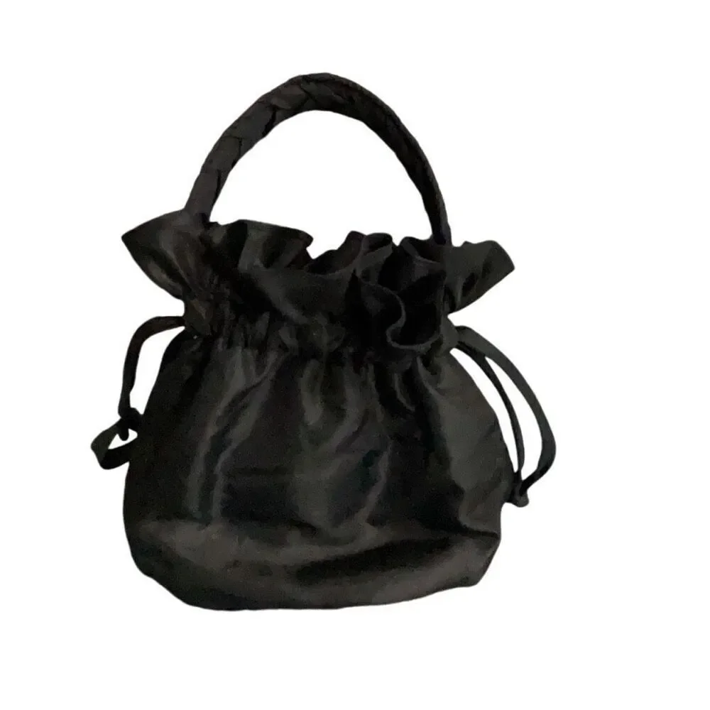 VTG Black Satchel Brown Quilted Inner Flat Bottom Drawstring Braided Handle Flaw